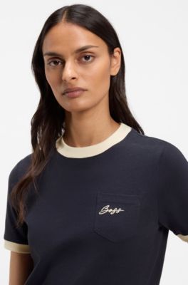 Slim-fit cotton T-shirt with contrast rib details, Dark Blue