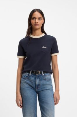 Slim-fit cotton T-shirt with contrast rib details, Dark Blue