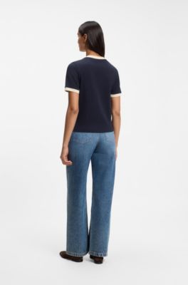 Slim-fit cotton T-shirt with contrast rib details, Dark Blue