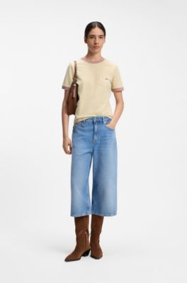 Slim-fit cotton T-shirt with contrast rib details, Light Yellow