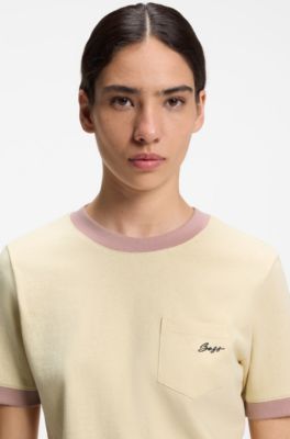 Slim-fit cotton T-shirt with contrast rib details, Light Yellow
