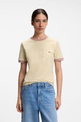 Slim-fit cotton T-shirt with contrast rib details, Light Yellow