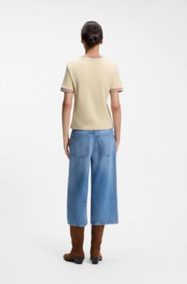Slim-fit cotton T-shirt with contrast rib details, Light Yellow