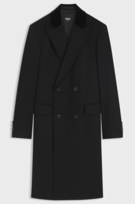 Double-breasted slim-fit coat with velvet collar, Black