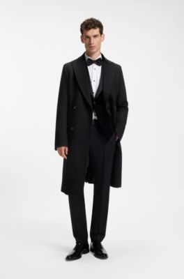 Double-breasted slim-fit coat with velvet collar, Black