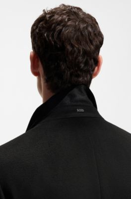 Double-breasted slim-fit coat with velvet collar, Black