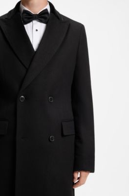 Double-breasted slim-fit coat with velvet collar, Black