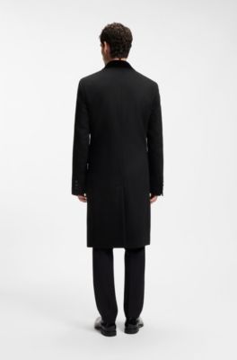 Double-breasted slim-fit coat with velvet collar, Black