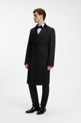 Double-breasted slim-fit coat with velvet collar, Black