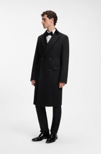 Double-breasted slim-fit coat with velvet collar, Black