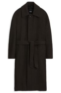 Relaxed-fit coat in virgin wool with covered placket, Dark Brown