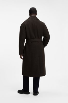 Relaxed-fit coat in virgin wool with covered placket, Dark Brown