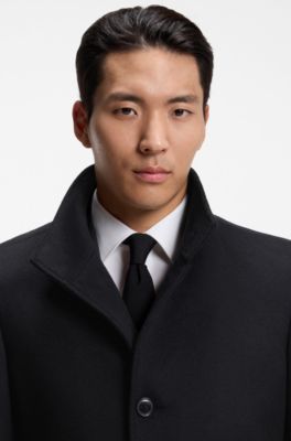 Slim-fit coat in Italian fabric with stand collar, Black