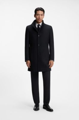 Slim-fit coat in Italian fabric with stand collar, Black