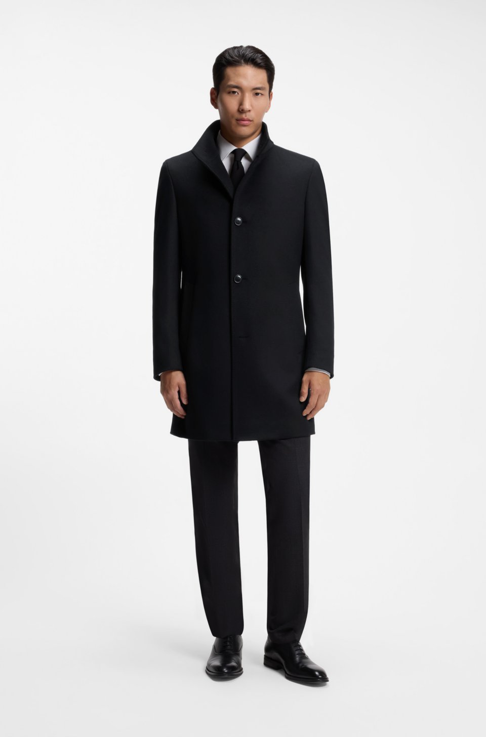 Slim-fit coat in Italian fabric with stand collar