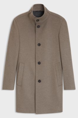 Slim-fit coat in Italian fabric with stand collar, Light Brown