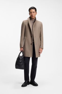 Slim-fit coat in Italian fabric with stand collar, Light Brown