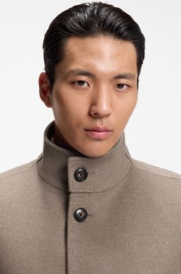 Slim-fit coat in Italian fabric with stand collar, Light Brown