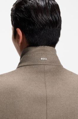 Slim-fit coat in Italian fabric with stand collar, Light Brown