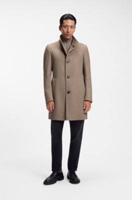 Slim-fit coat in Italian fabric with stand collar, Light Brown