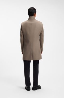 Slim-fit coat in Italian fabric with stand collar, Light Brown