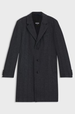 Regular-fit coat in herringbone wool with cashmere, Dark Blue