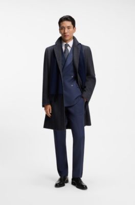 Regular-fit coat in herringbone wool with cashmere, Dark Blue