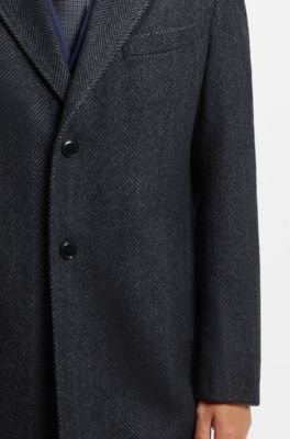 Regular-fit coat in herringbone wool with cashmere, Dark Blue