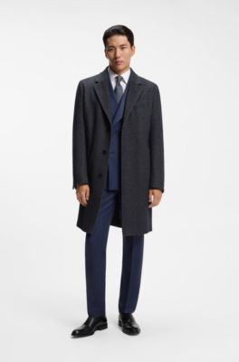 Regular-fit coat in herringbone wool with cashmere, Dark Blue