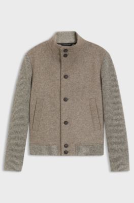 Patterned short coat in Italian virgin wool-blend jersey, Light Brown