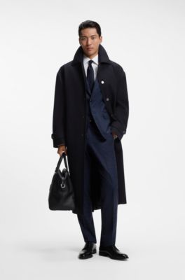 Cappotto relaxed fit in lana vergine a spina di pesce, Blu scuro