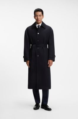 Cappotto relaxed fit in lana vergine a spina di pesce, Blu scuro