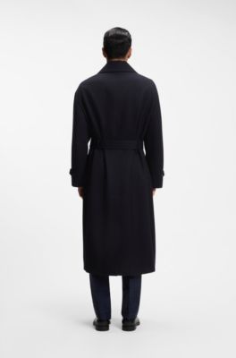 Cappotto relaxed fit in lana vergine a spina di pesce, Blu scuro