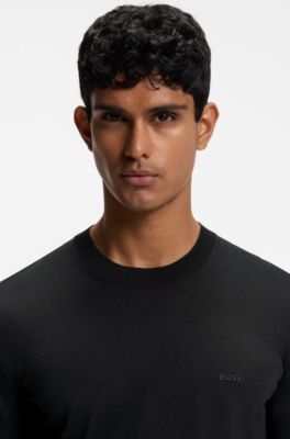 Merino-wool sweater with logo embroidery, Black