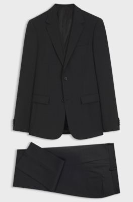 Three-piece slim-fit suit in patterned stretch wool, Black