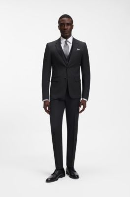 Three-piece slim-fit suit in patterned stretch wool, Black