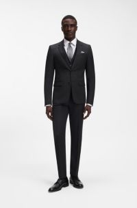 Slim-fit driedelig pak met dessin van stretchwol, Zwart
