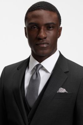 Three-piece slim-fit suit in patterned stretch wool, Black