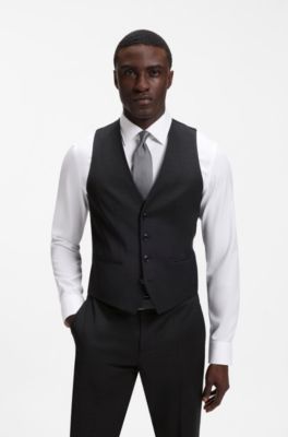 Three-piece slim-fit suit in patterned stretch wool, Black