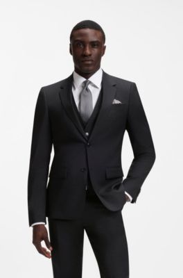 Three-piece slim-fit suit in patterned stretch wool, Black