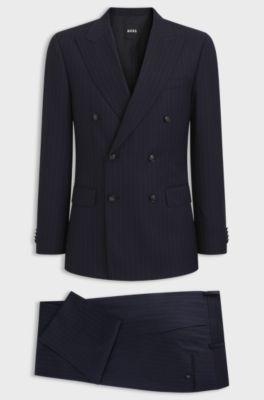 Abito due pezzi slim fit in lana elasticizzata a righe, Righe blu