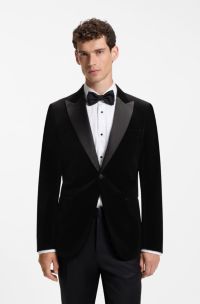 Slim-fit tuxedo jacket in cotton velvet, Black