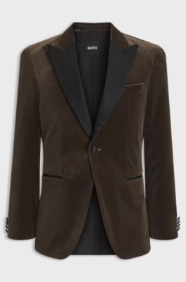 Slim-fit tuxedo jacket in cotton velvet, Dark Brown