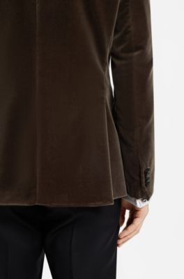 Slim-fit tuxedo jacket in cotton velvet, Dark Brown