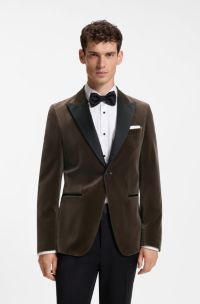 Slim-Fit Smoking-Jackett aus Baumwoll-Samt, Dunkelbraun