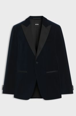 Slim-fit tuxedo jacket in cotton velvet, Dark Blue