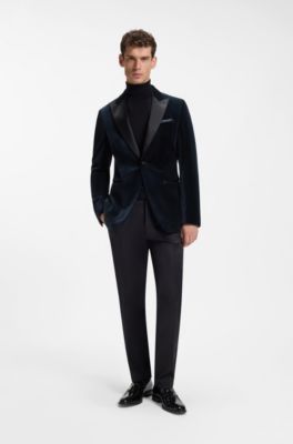 Slim-fit tuxedo jacket in cotton velvet, Dark Blue