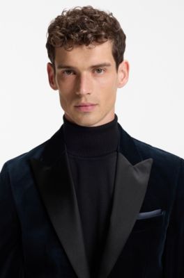 Slim-fit tuxedo jacket in cotton velvet, Dark Blue