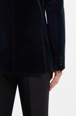Slim-fit tuxedo jacket in cotton velvet, Dark Blue
