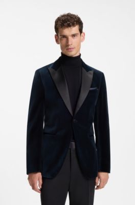 Slim-fit tuxedo jacket in cotton velvet, Dark Blue